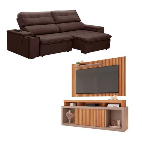 Kit Sofá Ferguile Genebra 3 Lugares Retrátil com Usb e Rack Painel Tv 65 New Oscar Caemmun