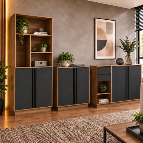 Conjunto Escritório Office 3 Peças, Armário Alto 2 Portas, Nichos e Armário Baixo 4 Portas, 2