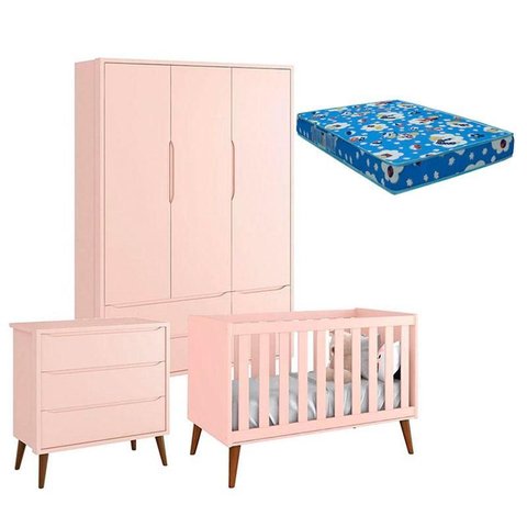 Quarto de Bebê Theo 3 Portas com Colchão e Cômoda Gaveteiro Rosa Pés Amadeirados – Reller