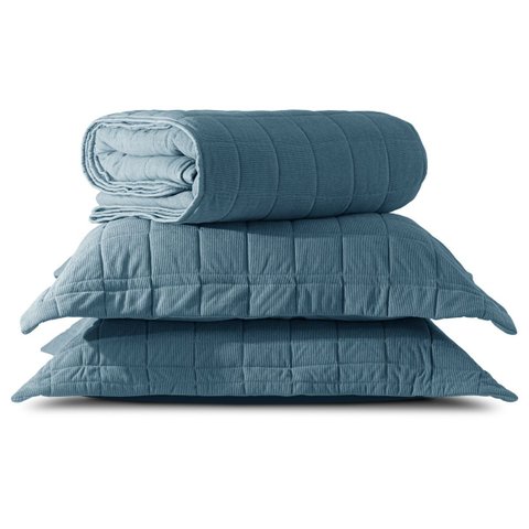 Kit Colcha Casal Cotellê Azul Indigo 3 Peças com Porta Travesseiro Appel