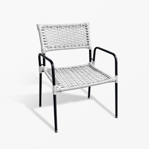 Poltrona Porã Junco Sintético Aço Preto com Braços para Área Externa Varanda e Piscina - Branco