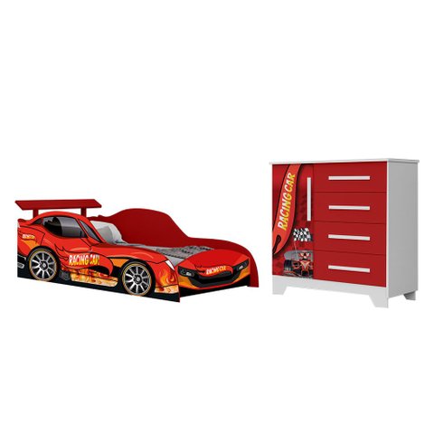 Conjunto Quarto Infantil Carros Vermelho MDF Cama Proteção Lateral e Cômoda Moderno Completo