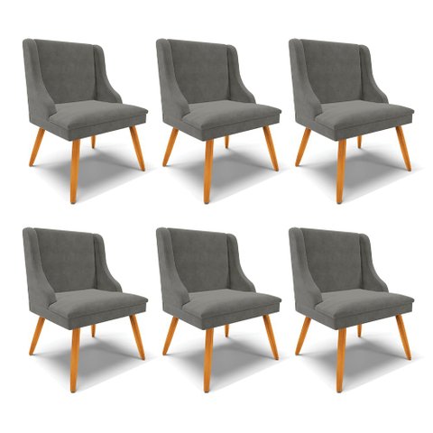 Kit 6 Cadeiras Decorativas Sala de Jantar Pés Palito de Madeira Firenze Suede Grafite/Natural G19 - 