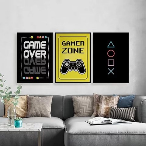 Kit 3 Quadros Gamer Game Over 24x18cm - com vidro:Madeira preta