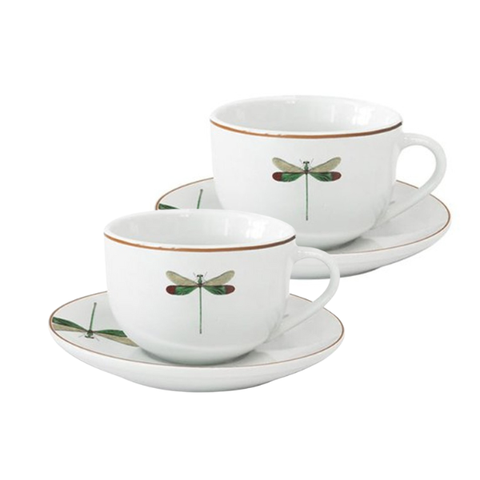 Jogo de 2 Xícaras de Café com Pires Libélula em Porcelana - 80ml ,da L'hermitage.
