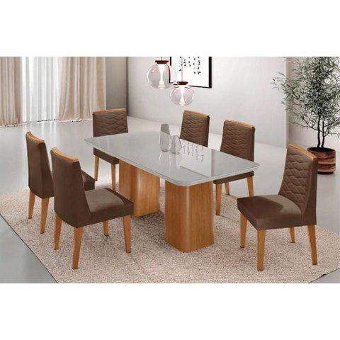 Sala Jantar Mesa Maldivas Tampo C/ Vidro Curvo 180cm+6 Cadeiras Maldivas Madeira Naturale/off White
