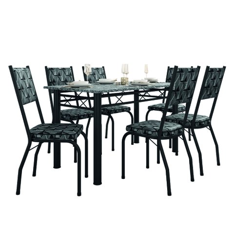 Conjunto Sala de Jantar Mesa Tampo Granito 1,40m com 6 Cadeiras Diana Preto / Mosaico Artefamol