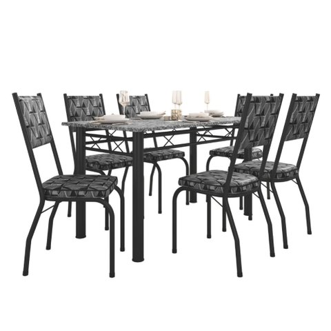 Conjunto Sala de Jantar Mesa Tampo Granito 1,40m com 6 Cadeiras Diana Preto / Mosaico Artefamol