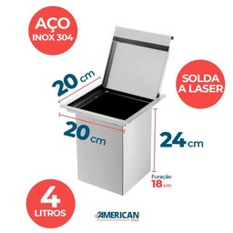 Lixeira Quadrada Pia Cozinha Embutir 4 L Inox 304 Escovado - 2
