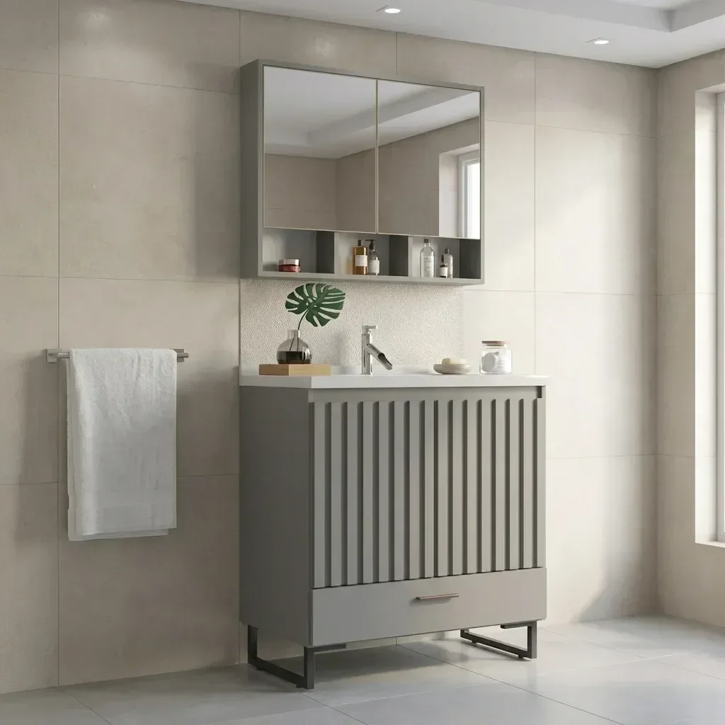 Ver imagem 1 de Conjunto Gabinete para Banheiro e Espelheira Ripado 80cm Nevada Cimento