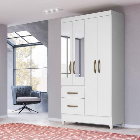 Guarda Roupa Solteiro 4 Portas com Espelho 2 Gavetas- Branco / Rosa / Azul / Lilas Flex Branco