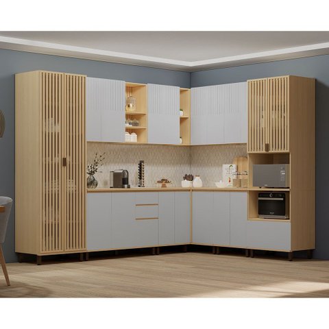 Cozinha Completa 100% MDF 10 Peças com Espaço para Micro-Ondas e Tampo 528cm Aura Luciane Móveis