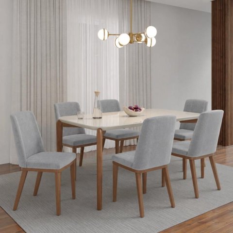 Conjunto de Jantar Mesa c/Vidro Donatella 6 Cadeiras Kalina - Cinza