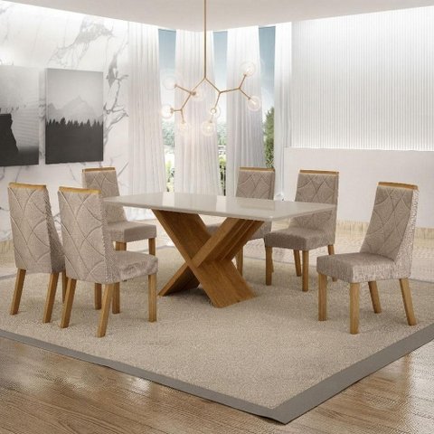 Mesa de Jantar Aurora 180x90cm Vidro 25mm Cinamomo Off White com Kit 6 Cadeiras Linho Bege -Valdemóv