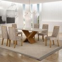 Ver imagem 1 de Mesa de Jantar Aurora 180x90cm Vidro 25mm Cinamomo Off White com Kit 6 Cadeiras Linho Bege -Valdemóv