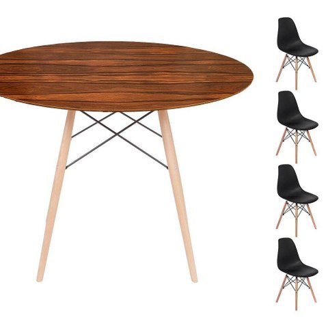 Conjunto Mesa Eames Eiffel Dsw Redonda Pau Ferro 120cm + 4 Cadeiras Eames Dsw - Preta