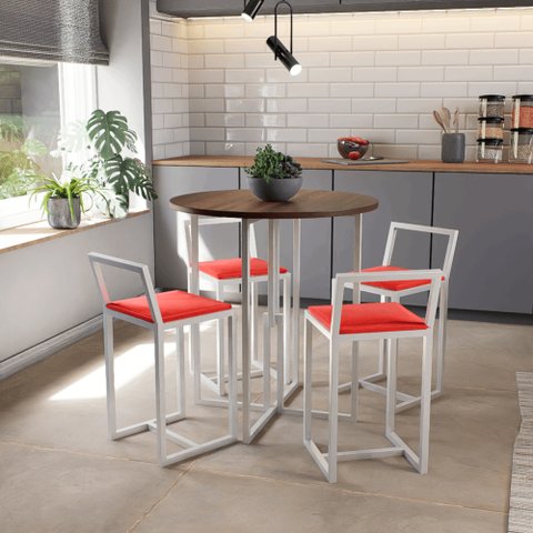 Conjunto Mesa Redonda Imbuia 4 Cadeiras Pequena Estofado Industrial White