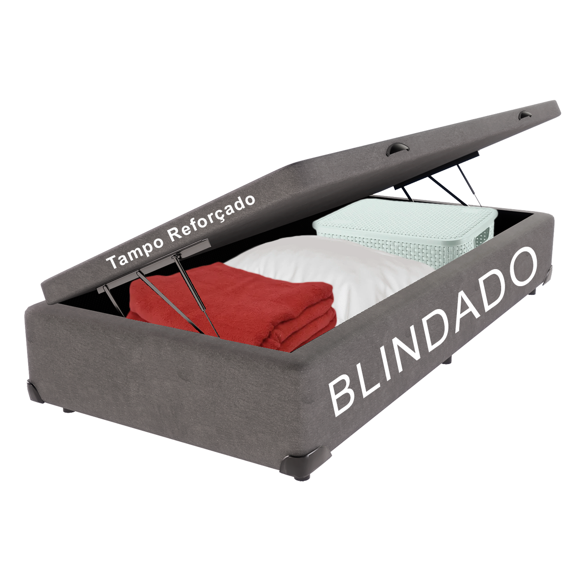 Cama Box com Baú Blindado Reforçado Solteiro 88x188 Cinza - 1