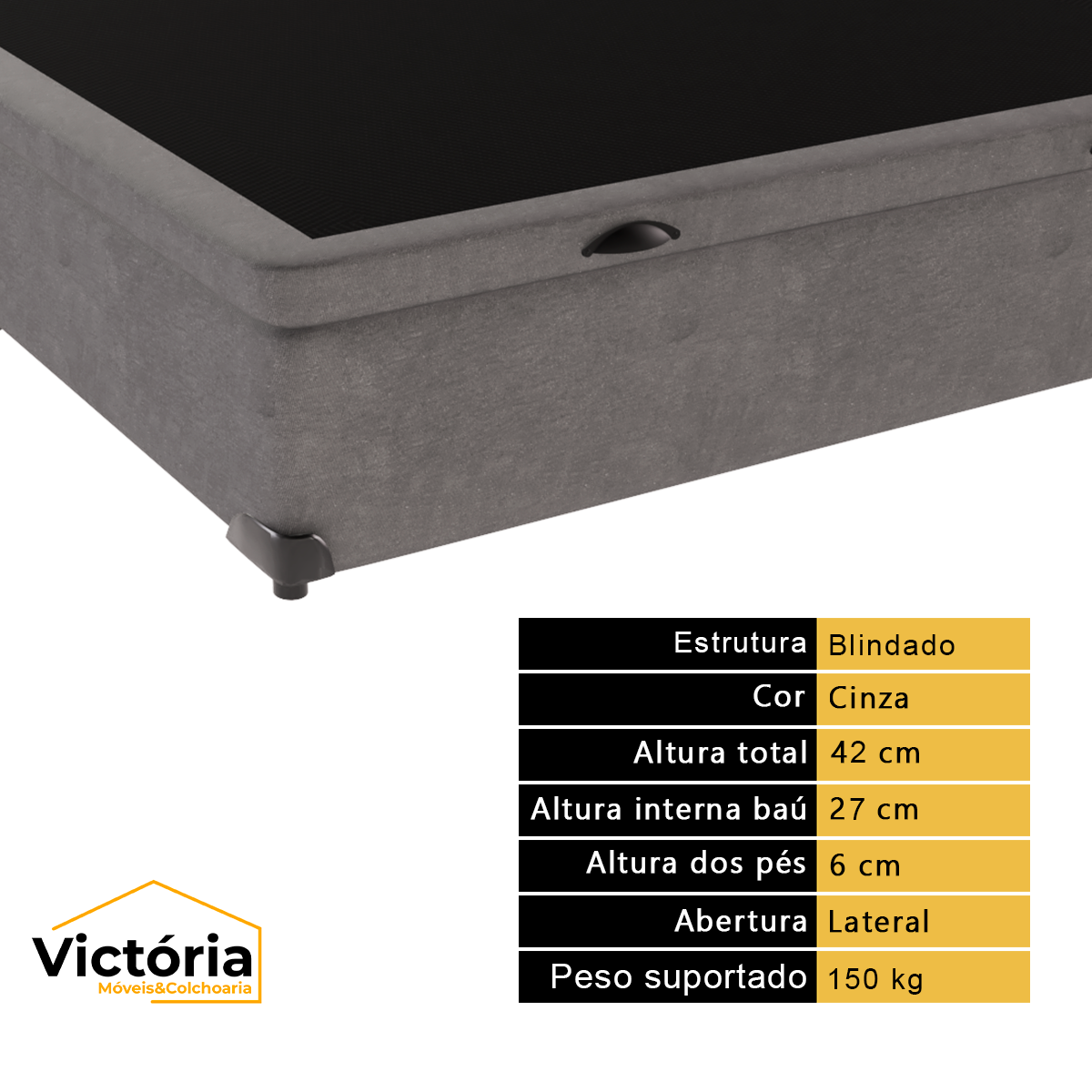 Cama Box com Baú Blindado Reforçado Solteiro 88x188 Cinza - 2