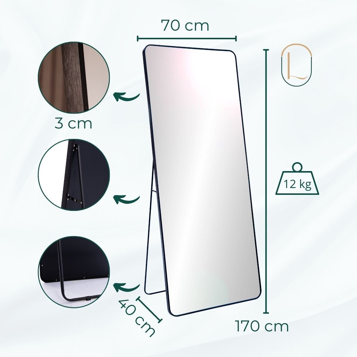 Espelho Grande Retangular Corpo Inteiro com Moldura em Metal 170 X 70cm Preto - 8