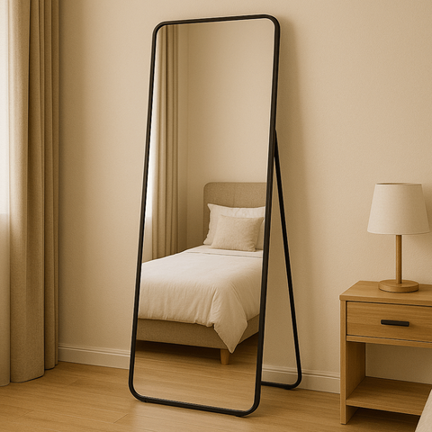 Espelho Grande Retangular Corpo Inteiro com Moldura em Metal 170 X 70cm Preto C/ Suporte de Chão