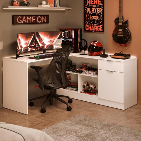 Escrivaninha em L para Computador Gamer Branco Roma Madesa