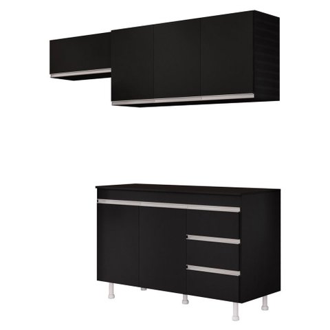 Cozinha Planejada Lux 3 Peças 100%mdf com Balcão Gabinete Tampo 120cm 3 Gavetas Preto - Desk Design