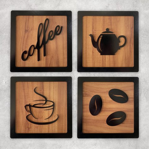 Kit 4 Quadros Cantinho do Café Mdf 3d Relevo 15cm Decoração para Cozinha