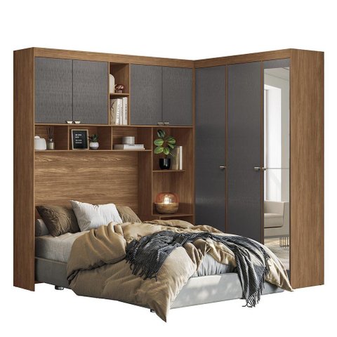 Quarto Modulado Casal Lugano Jatobá/grafite com Espelho - Santos Andirá
