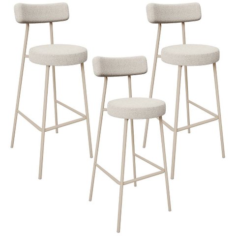 Kit 03 Banquetas Alta Bar Cozinha Sala de Jantar Aço Milão Arena L02 Bouclê Creme - Lyam Decor
