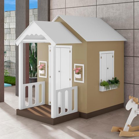 Casinha de Brinquedo Artesanal com Varanda MDF Branco/Bege - Criança Feliz Casinha com Varanda