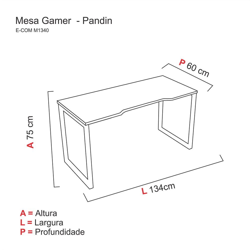 Mesa Gamer Pé Tubolar Home Office Pandin 1,34 M Preto - 2