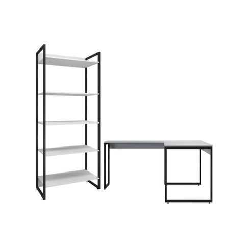 Conjunto Mesa em L e Estante Nick Branco Preto
