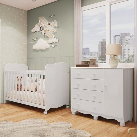 Quarto de Bebê Berço Americano e Cômoda 1 Porta 100% MDF Mimo Espresso Móveis Branco Brilho