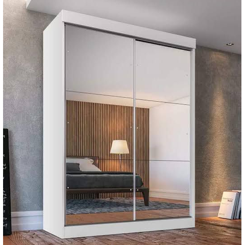 Guarda Roupa Solteiro com Espelho 2 Portas Espelhadas de Correr 2 Gavetas 131cm Premium Santiago Branco - Carioca Móveis