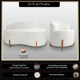 Kit Sofá Orgânico Feijão com Poltrona Pé de Madeira Bouclé Minimalista - 2