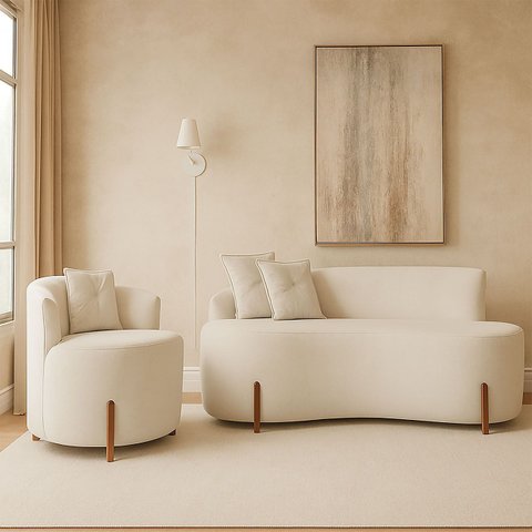 Kit Sofá Orgânico Feijão com Poltrona Pé de Madeira Bouclé Minimalista