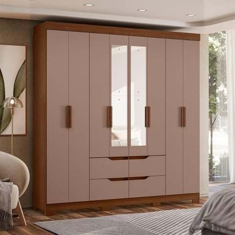 Guarda Roupa Casal Closet Eight Mirror Wide 4 Gavetas 10 Prateleiras MDP 199cm Nogueira-Cappuccino