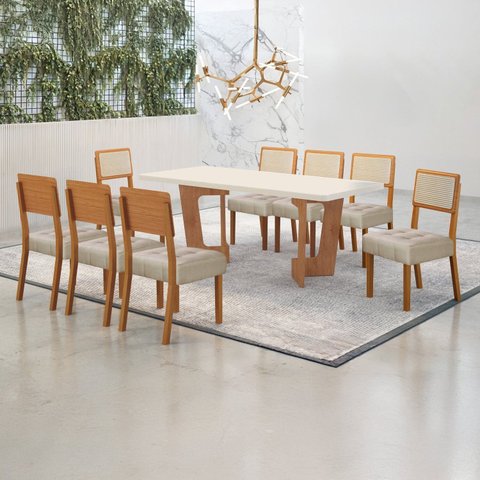 Conjunto Sala de Jantar Mesa 180cm com 8 Cadeiras Liz Bege/Cinamomo/Off White