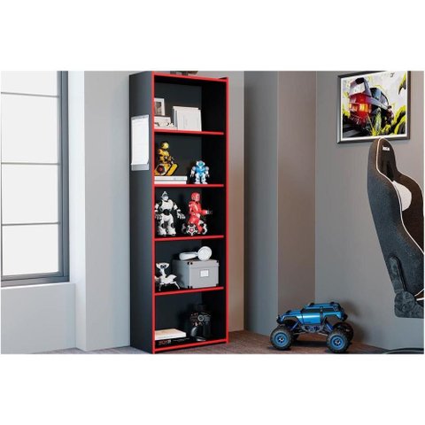 Estante Livreiro de Escritório Mb 1022 C/ 5 Nichos 60x182cm Preto/vermelho - Movelbento