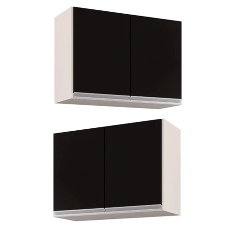 Kit 2 Armários Aéreo de Cozinha Lavanderia 02 Portas Eva Branco e Preto 80 cm - D’Rossi
