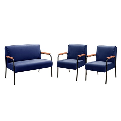 Kit Namoradeira + 2 Poltronas Jade Braços Metal Decoração Recepção Sala - Suede Azul Marinho