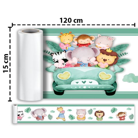 Faixa Decorativa Papel Parede Infantil Animais Carro - Cor Verde