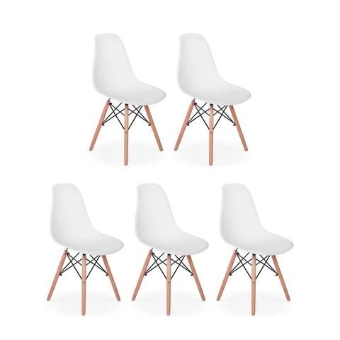 Kit 5 Cadeiras Brancas Eiffel Charles Eames Dkr – Base de Madeira – Sala de Jantar, Cozinha, Escritó