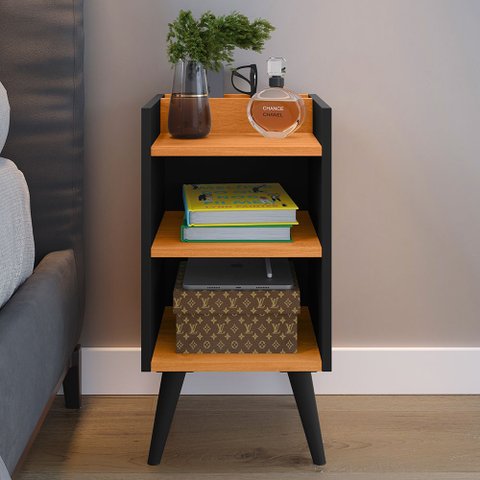Mesa de Cabeceira Quarto Cama com Nichos Pés Palito Preto