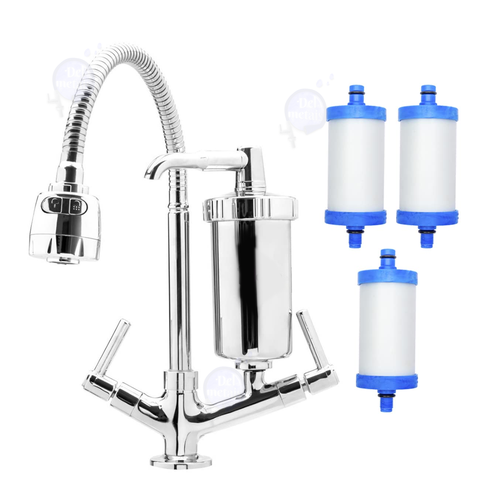Torneira com Filtro Gourmet Cozinha Bancada 1/4 Volta Flexível + 02 Refil Extra Del Metais