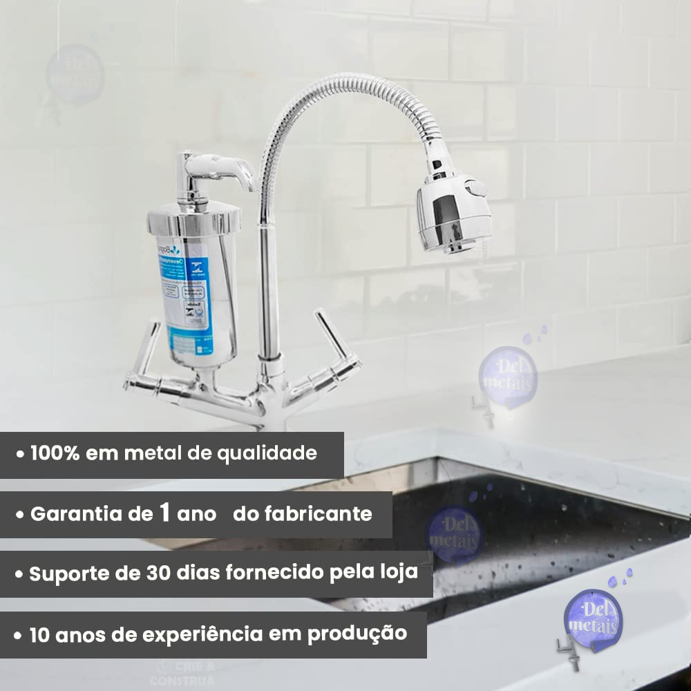 Torneira com Filtro Gourmet Cozinha Bancada 1/4 Volta Flexível + 02 Refil Extra Del Metais - 8