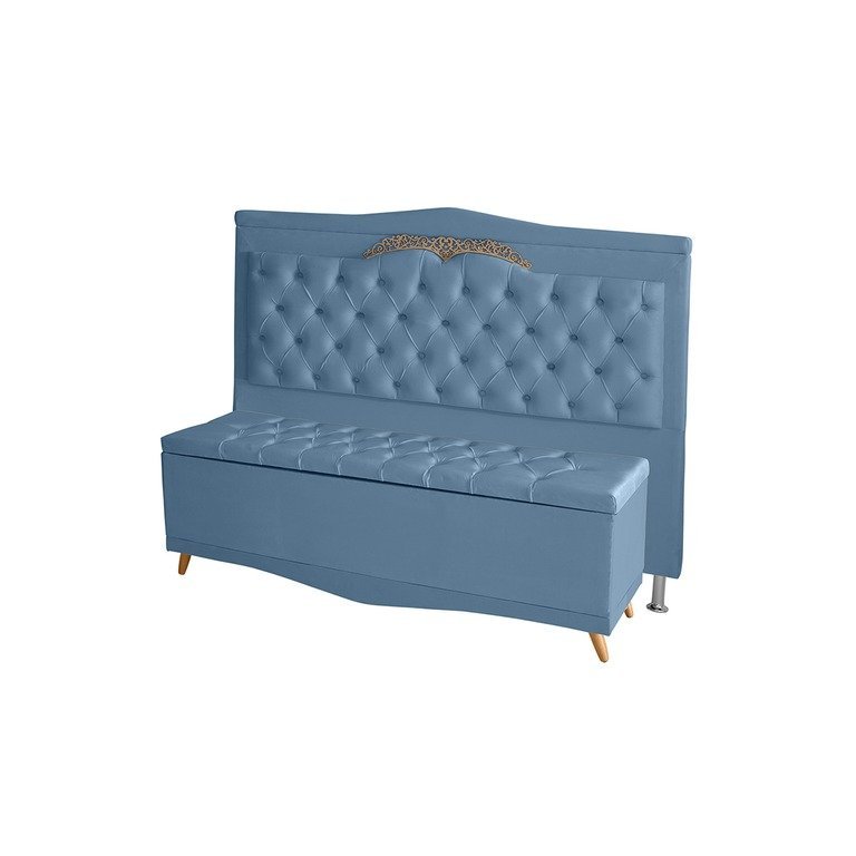 Kit Cabeceira de Cama Box e Calçadeira Baú Madri Casal 140 Cm Suede Azul Bebê Ec Móveis