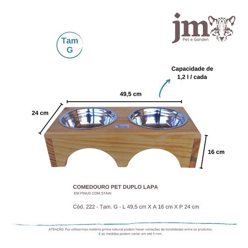 Comedouro Pet Elevado Duplo P - Potes Inox Madeira Lapa - 4