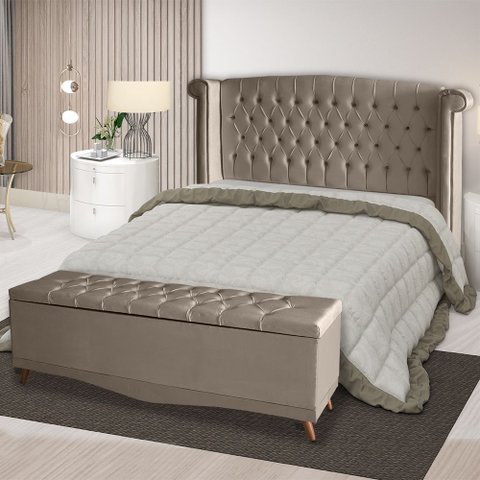 Kit de Quarto Cabeceira de Cama Box e Calçadeira Baú Toquio Casal Queen 160 Cm Suede Capuccino Eli M